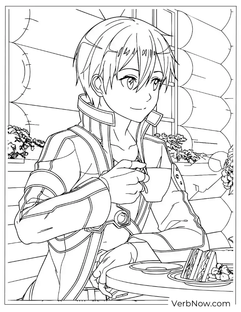 Kirito Coloring Page Relaxing at Cafe