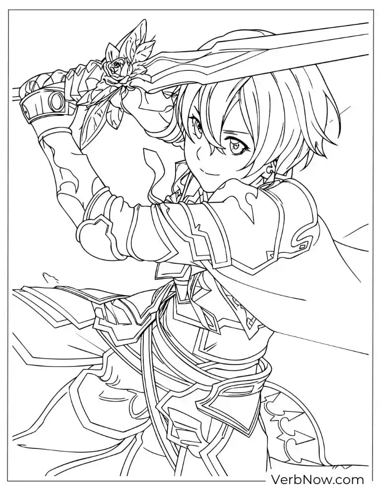 Anime Knight with Sword and Rose Coloring Page