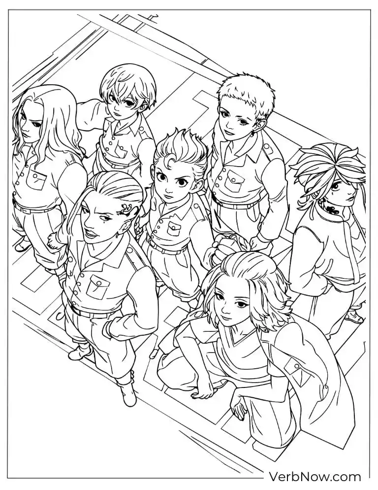 22 Free Tokyo Revengers Coloring Pages (Printable PDF) Anime Squad Group Looking Up Coloring Page