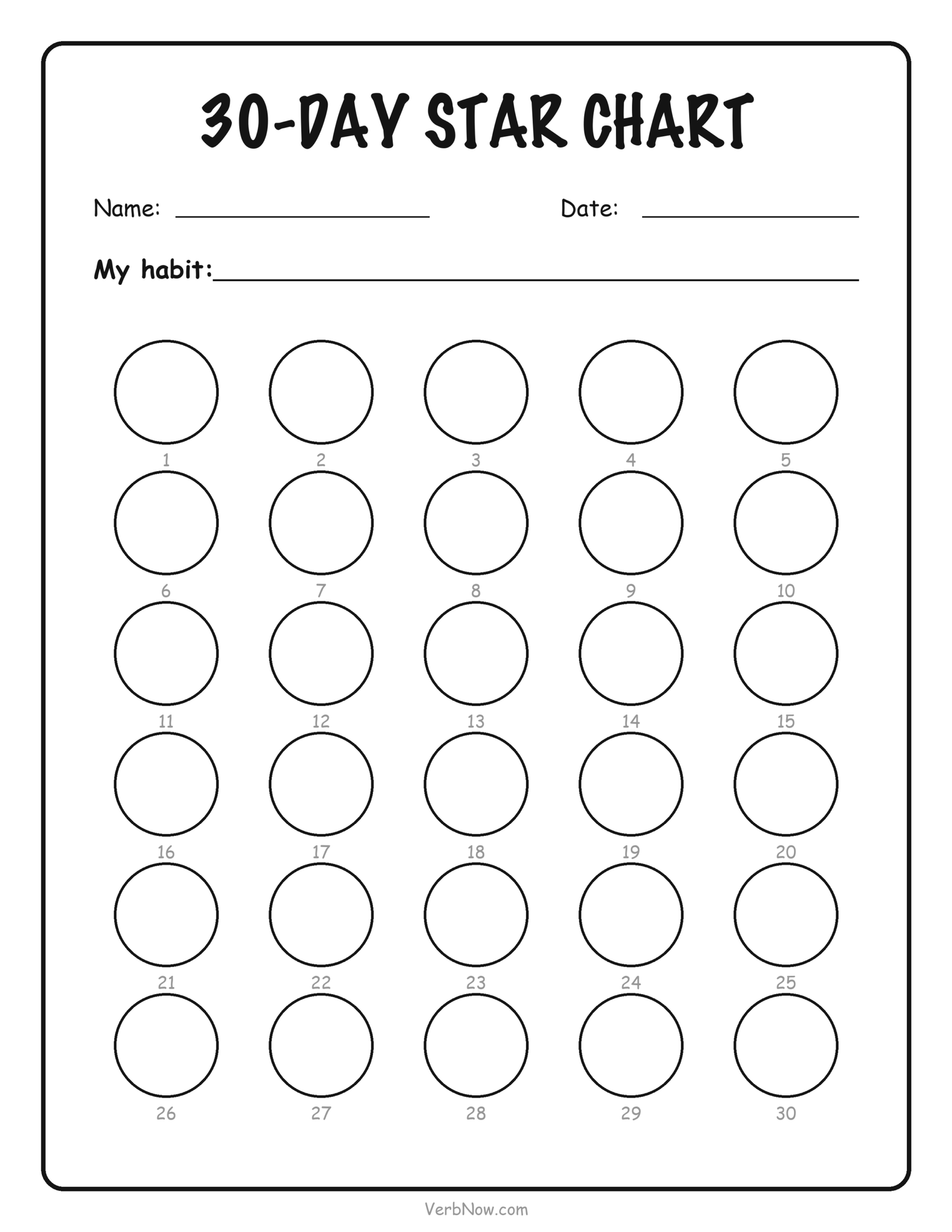 Thirty-day star chart with numbered circles to fill in one per day