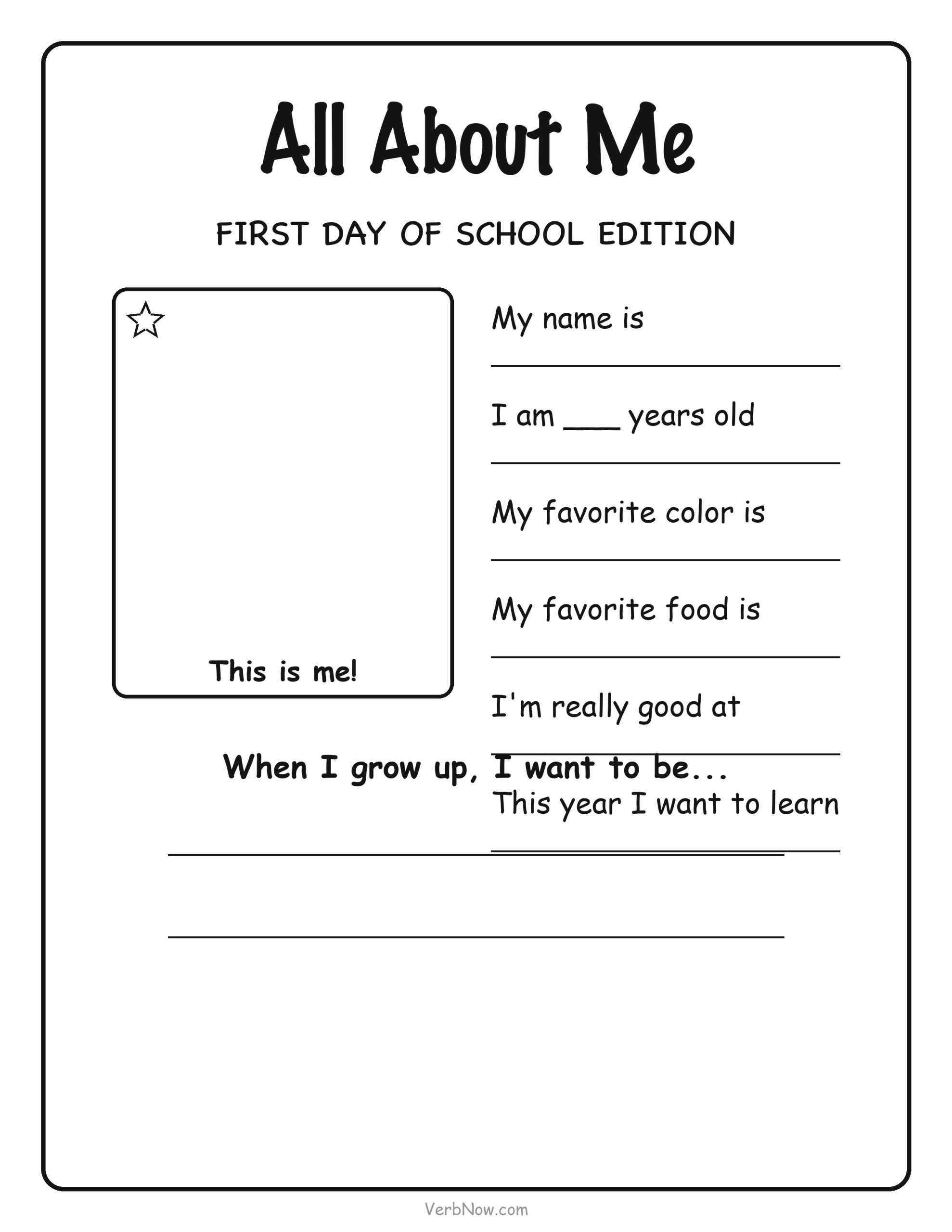 20 Free Back to School Printables (Signs, Checklists & Coloring) All about me worksheet with self-portrait frame
