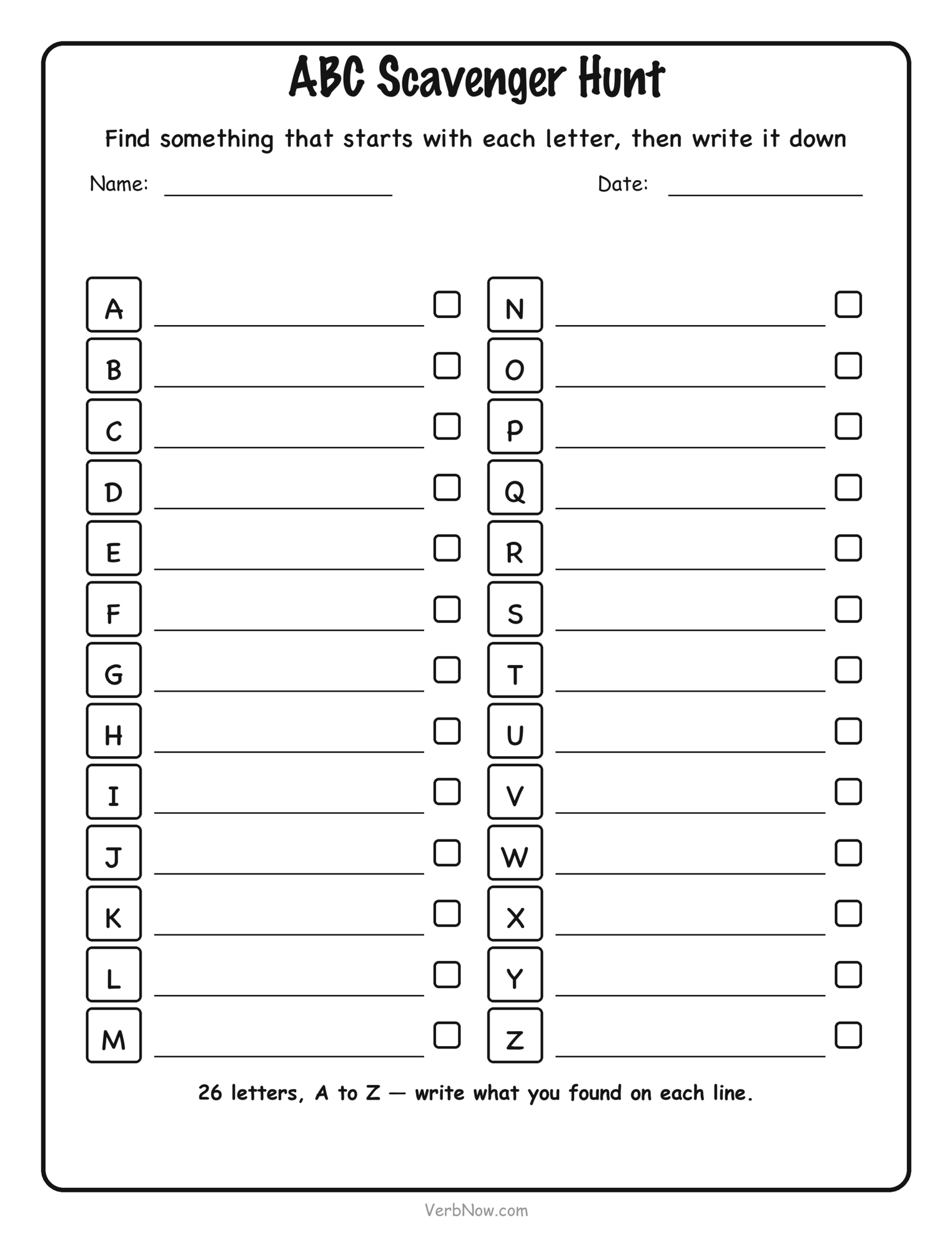 Free printable alphabet scavenger hunt from A to Z with a write-in line for each letter