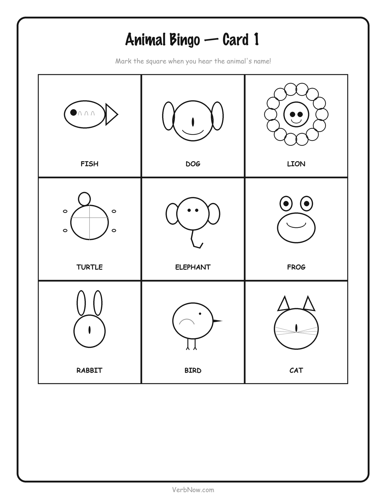 Free Animal Bingo Cards (5 Printable Cards + Calling Cards) Animal Bingo Card 1