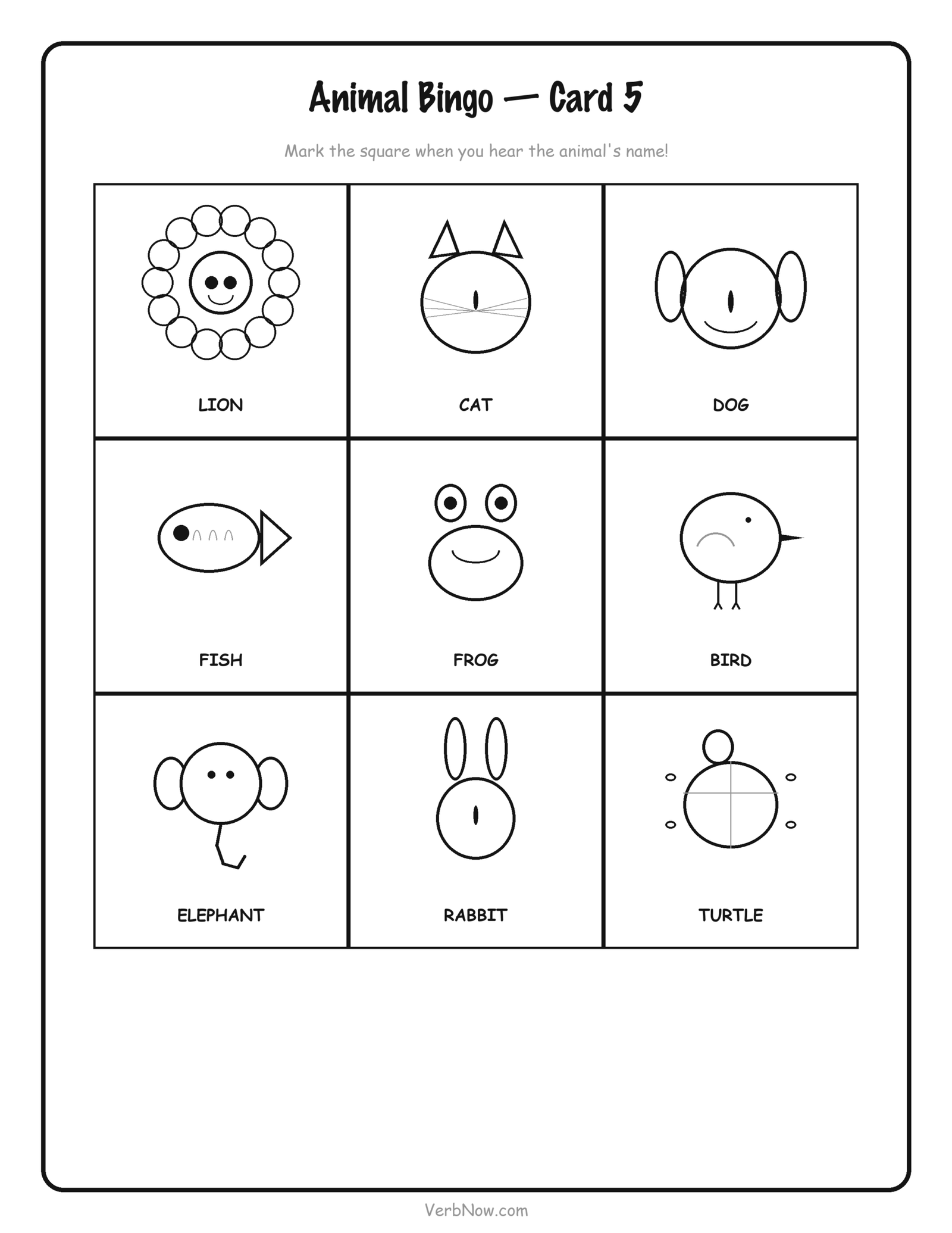 Free Animal Bingo Cards (5 Printable Cards + Calling Cards) Animal Bingo Card 5
