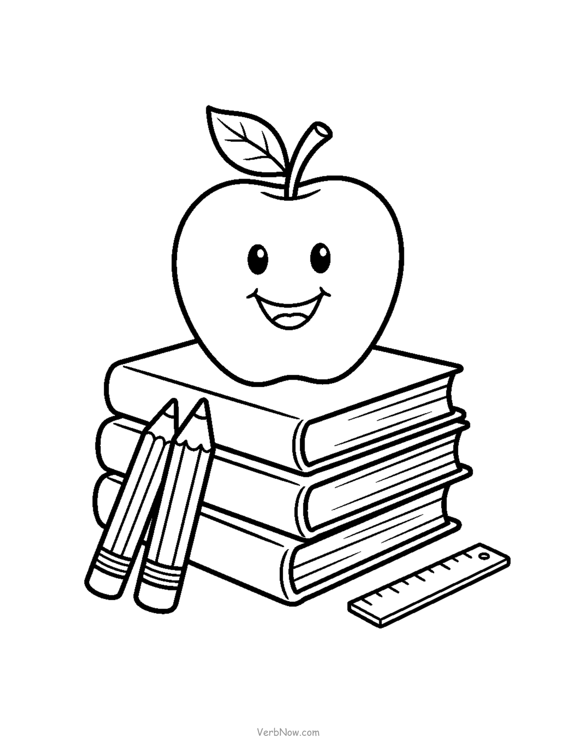 20 Free Back to School Printables (Signs, Checklists & Coloring) Apple on a stack of books with pencils coloring page