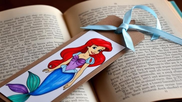 Colored Ariel bookmark with a blue ribbon resting on an open book