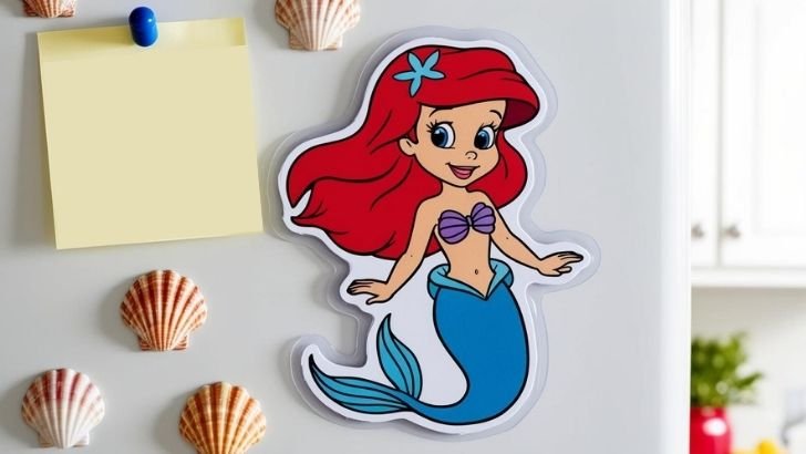 Handmade Ariel fridge magnet on a white fridge beside shell magnets and a note