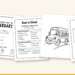 Preview of the free back to school printables pack: first-day sign, supplies checklist, school bus coloring page and all-about-me worksheet