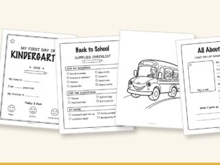 Preview of the free back to school printables pack: first-day sign, supplies checklist, school bus coloring page and all-about-me worksheet