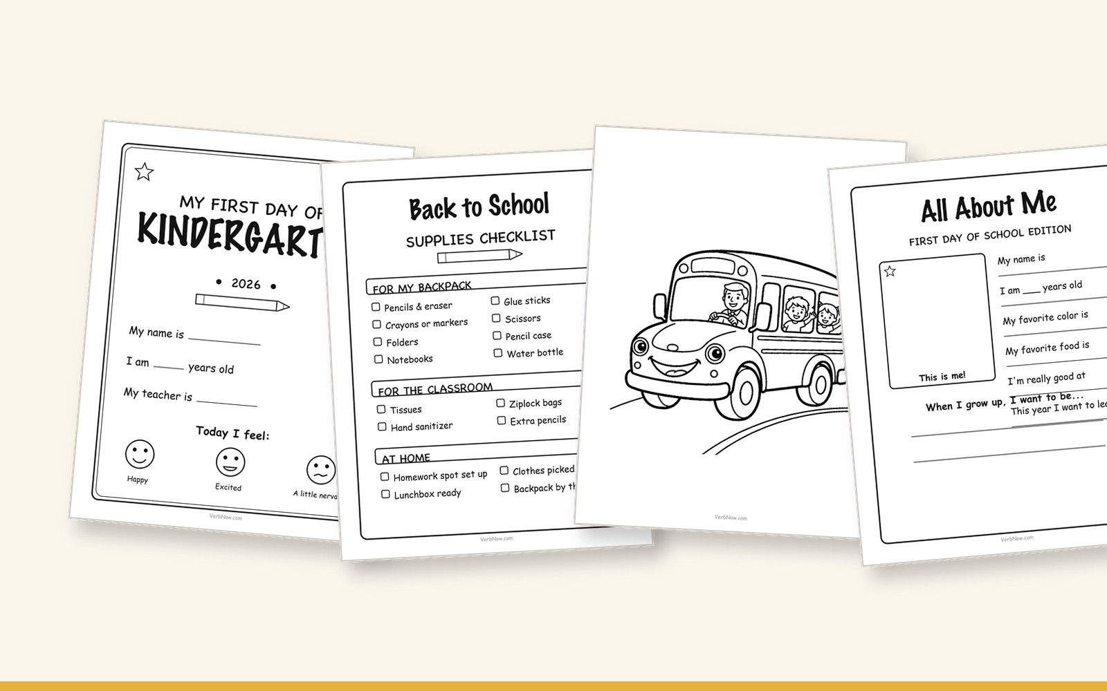 20 Free Back to School Printables (Signs, Checklists & Coloring) Preview of the free back to school printables pack: first-day sign, supplies checklist, school bus coloring page and all-about-me worksheet