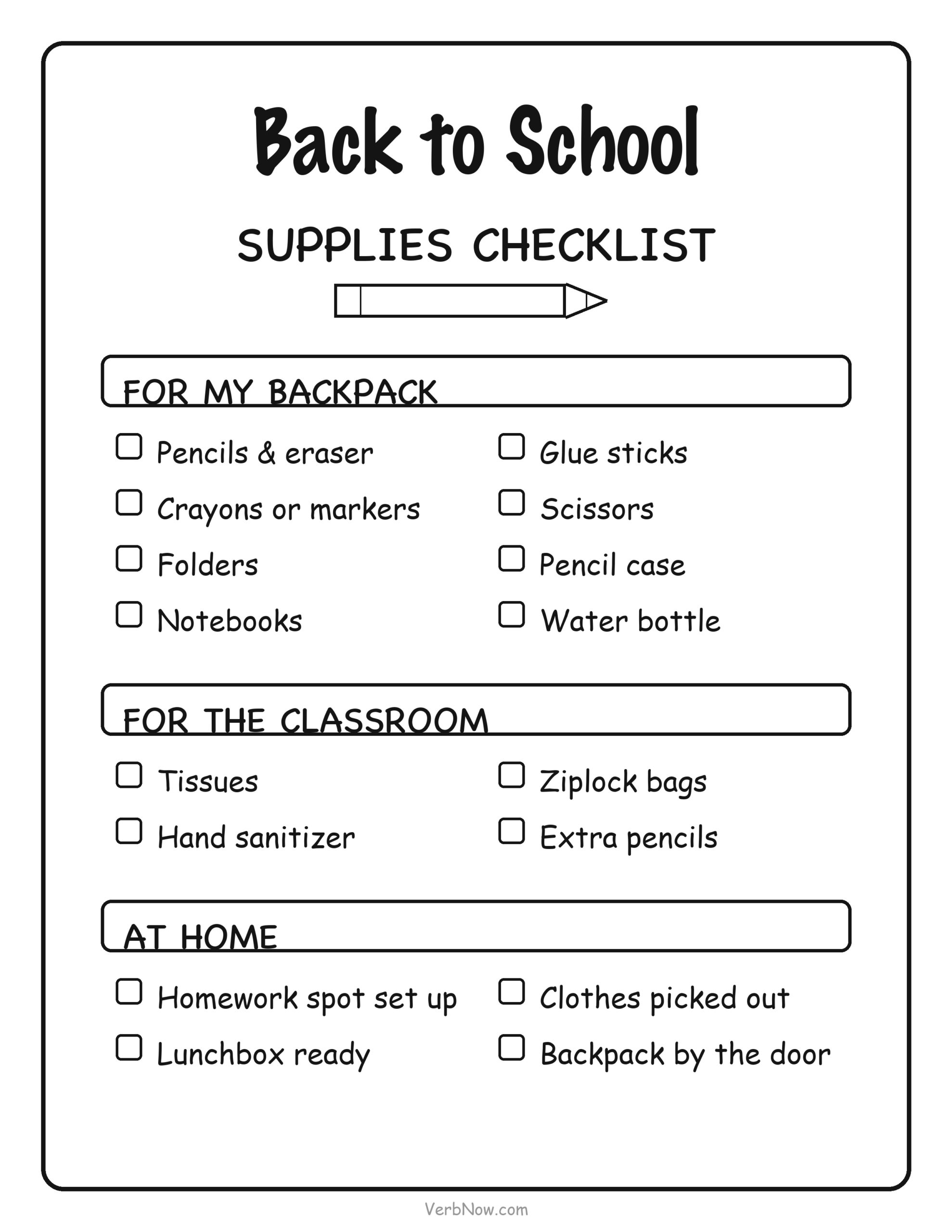 20 Free Back to School Printables (Signs, Checklists & Coloring) Back to school supplies checklist with checkboxes