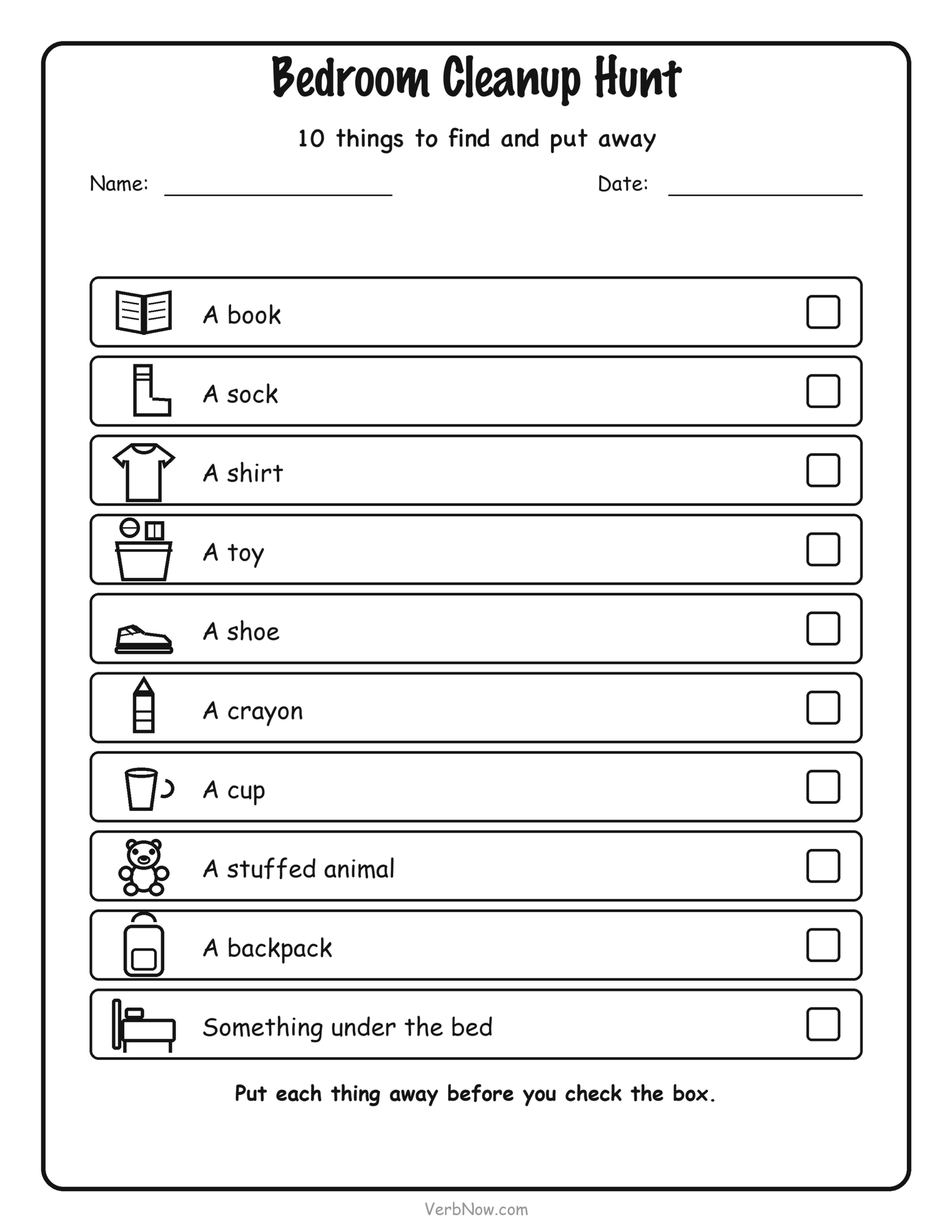 Free printable bedroom cleanup scavenger hunt with 10 things for kids to find and put away