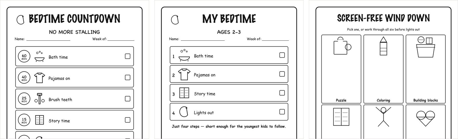 5 Bedtime Routine Charts That Actually Stop the Stalling Preview of the bedtime routine chart pack: countdown chart, toddler bedtime chart and screen-free wind-down cards