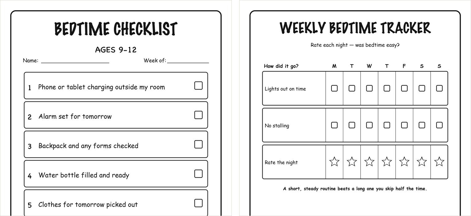 Tween bedtime checklist for ages nine to twelve next to the weekly bedtime tracker with star ratings