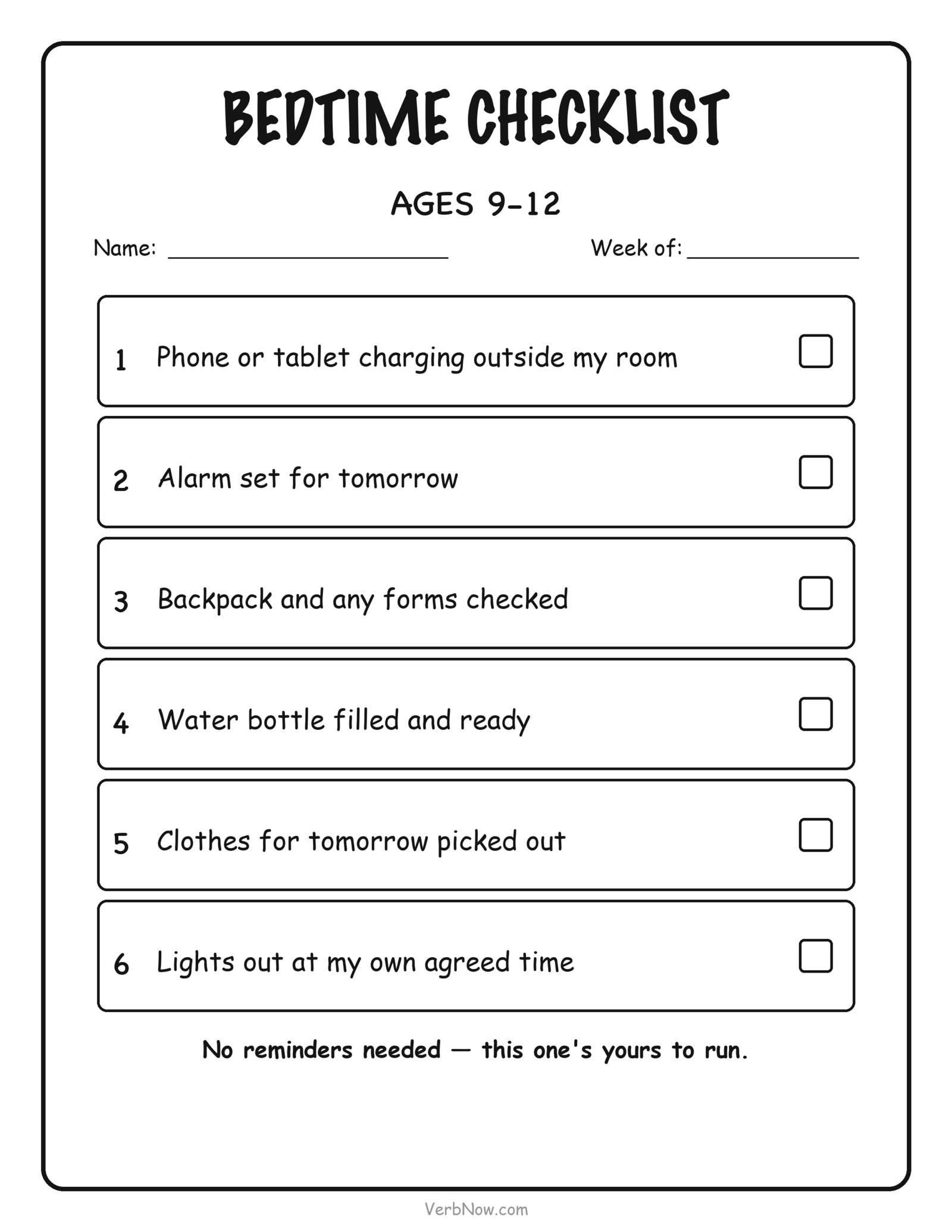 5 Bedtime Routine Charts That Actually Stop the Stalling Bedtime checklist for tweens ages nine to twelve with six self-checked independence steps