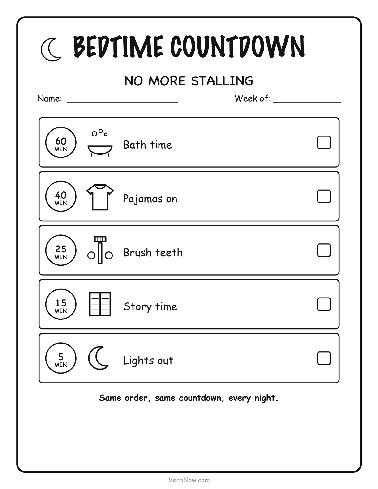 5 Bedtime Routine Charts That Actually Stop the Stalling Bedtime countdown chart with five time markers from sixty minutes to lights out, each with a check-off box