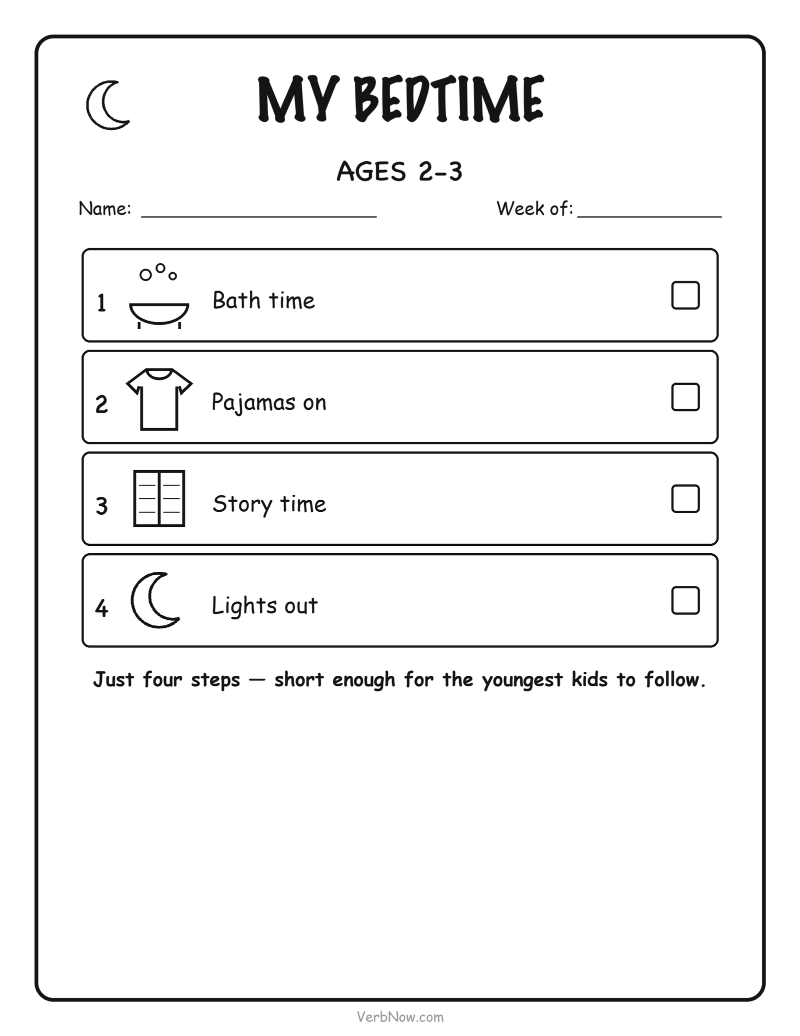 5 Bedtime Routine Charts That Actually Stop the Stalling Bedtime routine chart for toddlers ages two to three with four picture steps and check-off boxes