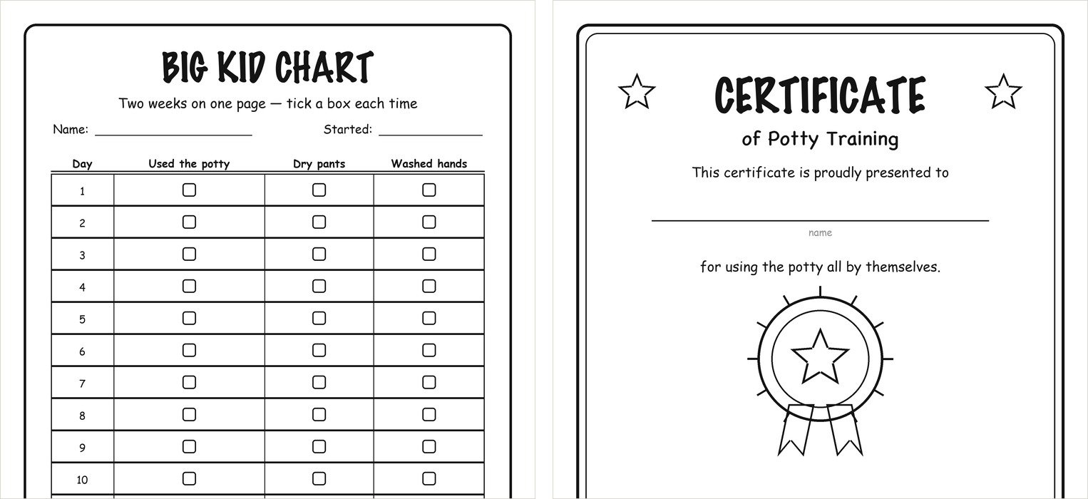 8 Free Potty Training Charts (Sticker, Weekly & Picture Steps) A big kid potty chart with fourteen day rows next to a printable potty training certificate with a star medal