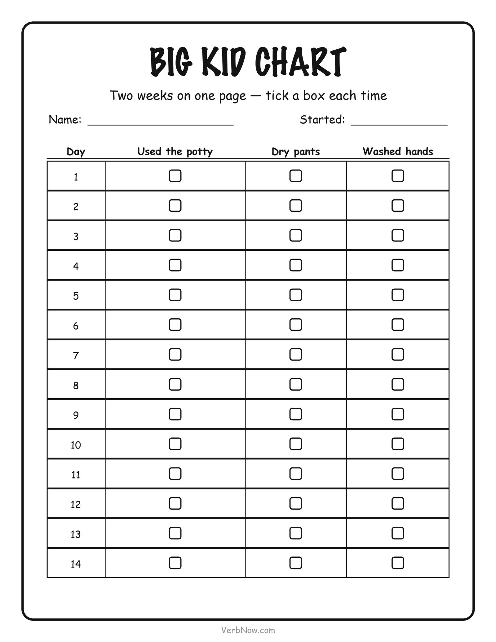 8 Free Potty Training Charts (Sticker, Weekly & Picture Steps) Big kid potty chart with fourteen day rows and columns for using the potty, dry pants and washed hands