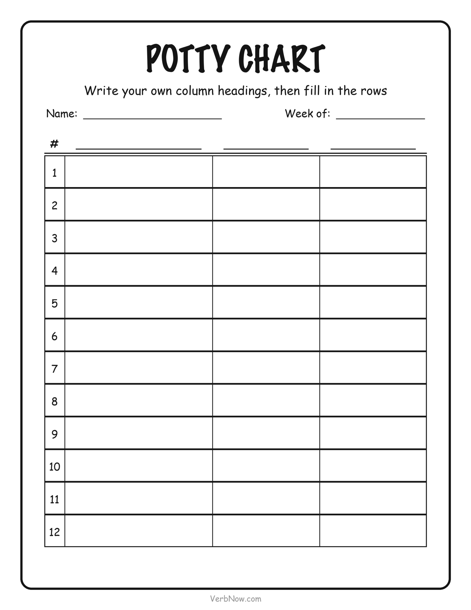 8 Free Potty Training Charts (Sticker, Weekly & Picture Steps) Blank potty training chart with three empty column headings to label yourself and twelve ruled rows