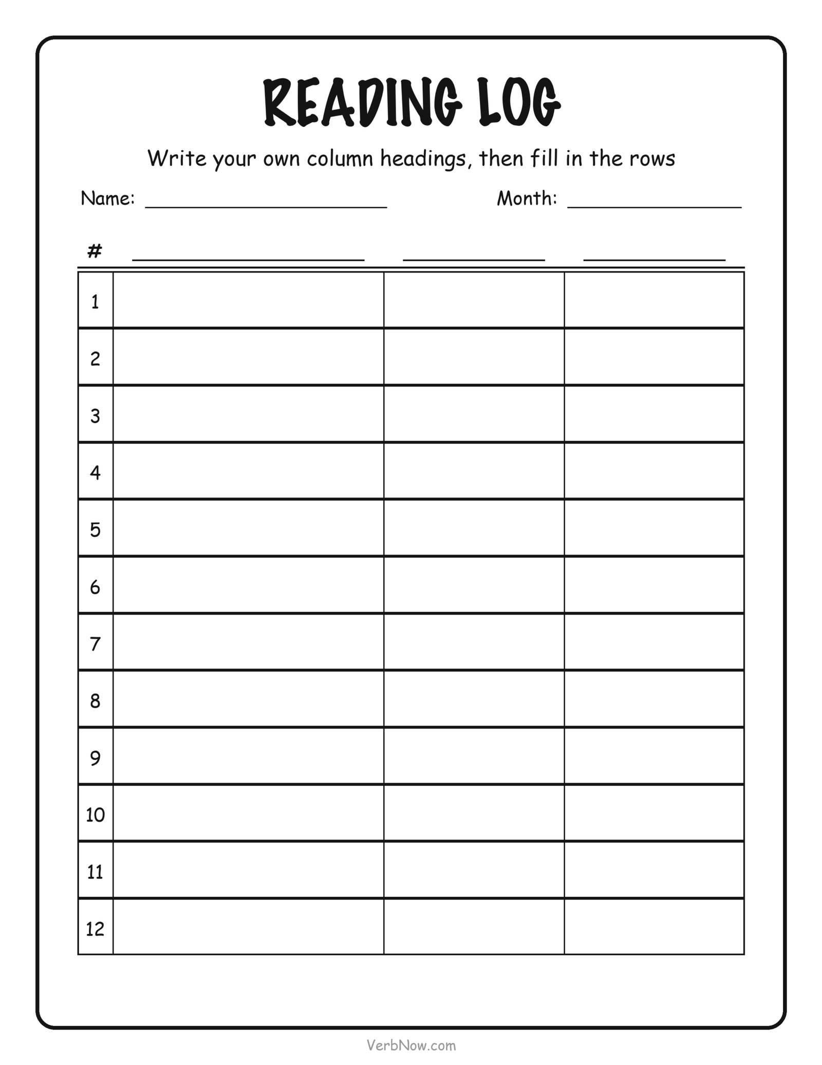 Blank reading log printable with three empty column headings to label yourself and twelve ruled rows