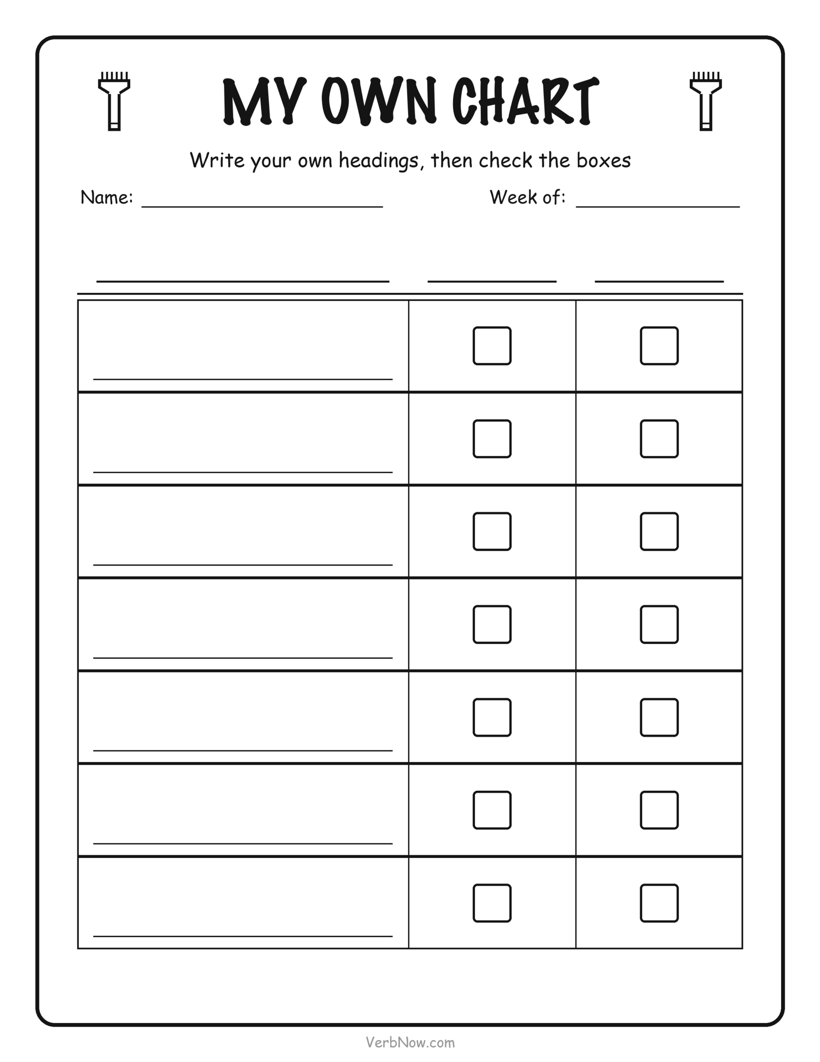 Blank tooth brushing chart with empty column headings to fill in yourself and seven ruled rows with paired check boxes