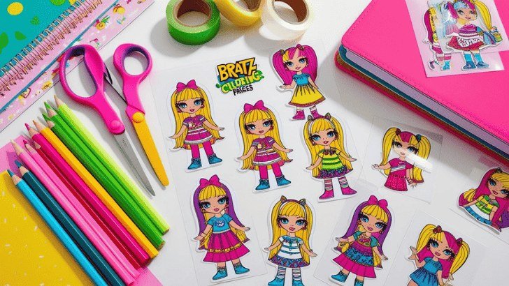 Sheet of DIY Bratz stickers cut out beside scissors, pencils and washi tape