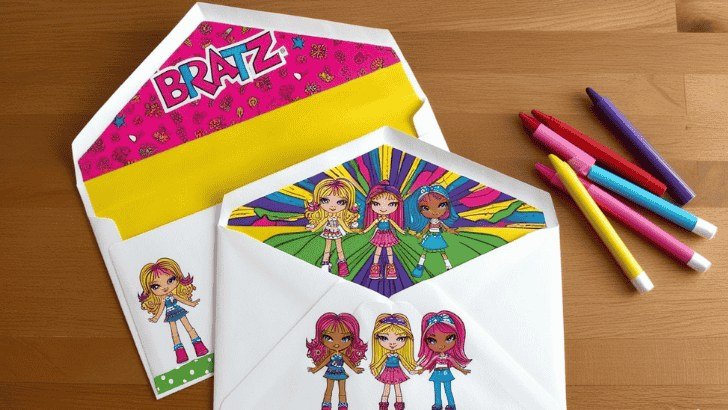 Bratz gift card and decorated envelope with markers on a wooden table
