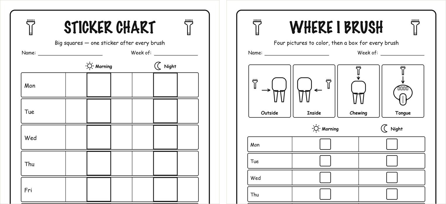 A tooth brushing sticker chart with large empty squares next to a chart showing four drawings of where to brush: outside, inside, chewing surfaces and tongue