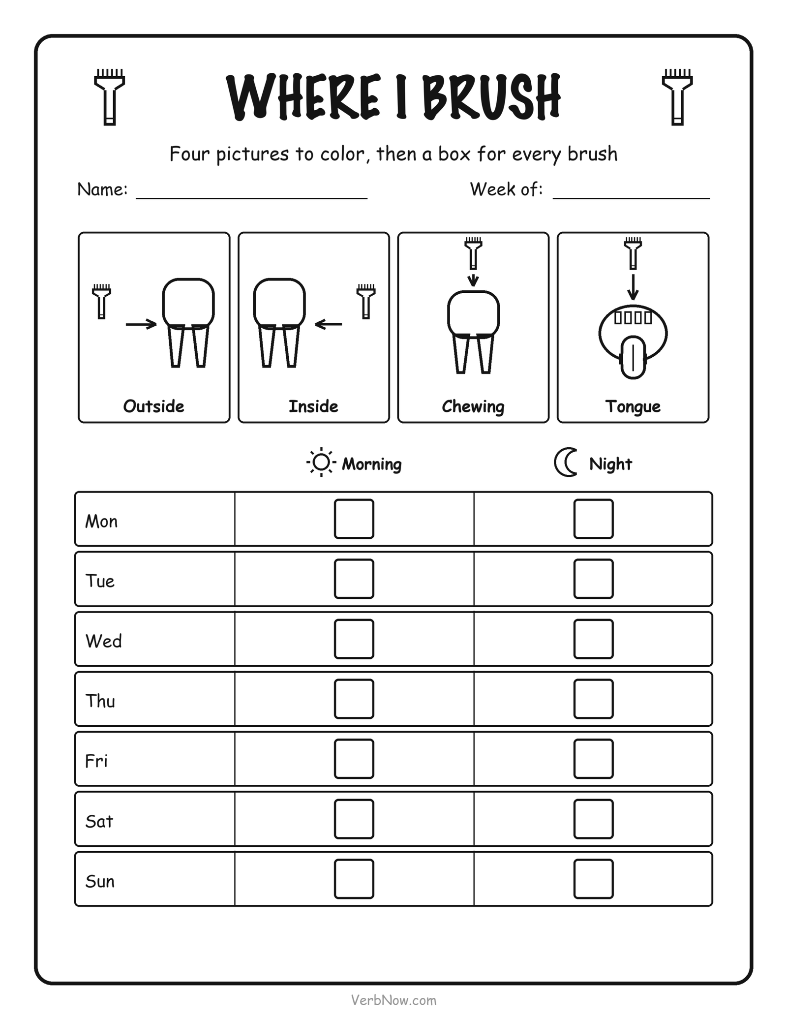 Tooth brushing chart with four drawings showing the outside, inside, chewing surfaces and tongue, above a seven day grid with a morning and night box