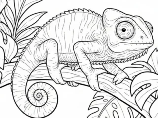 Chameleon coloring pages: chameleons perched on jungle branches, detailed mandala-pattern designs, and small scenes with mushrooms, cactus and rain