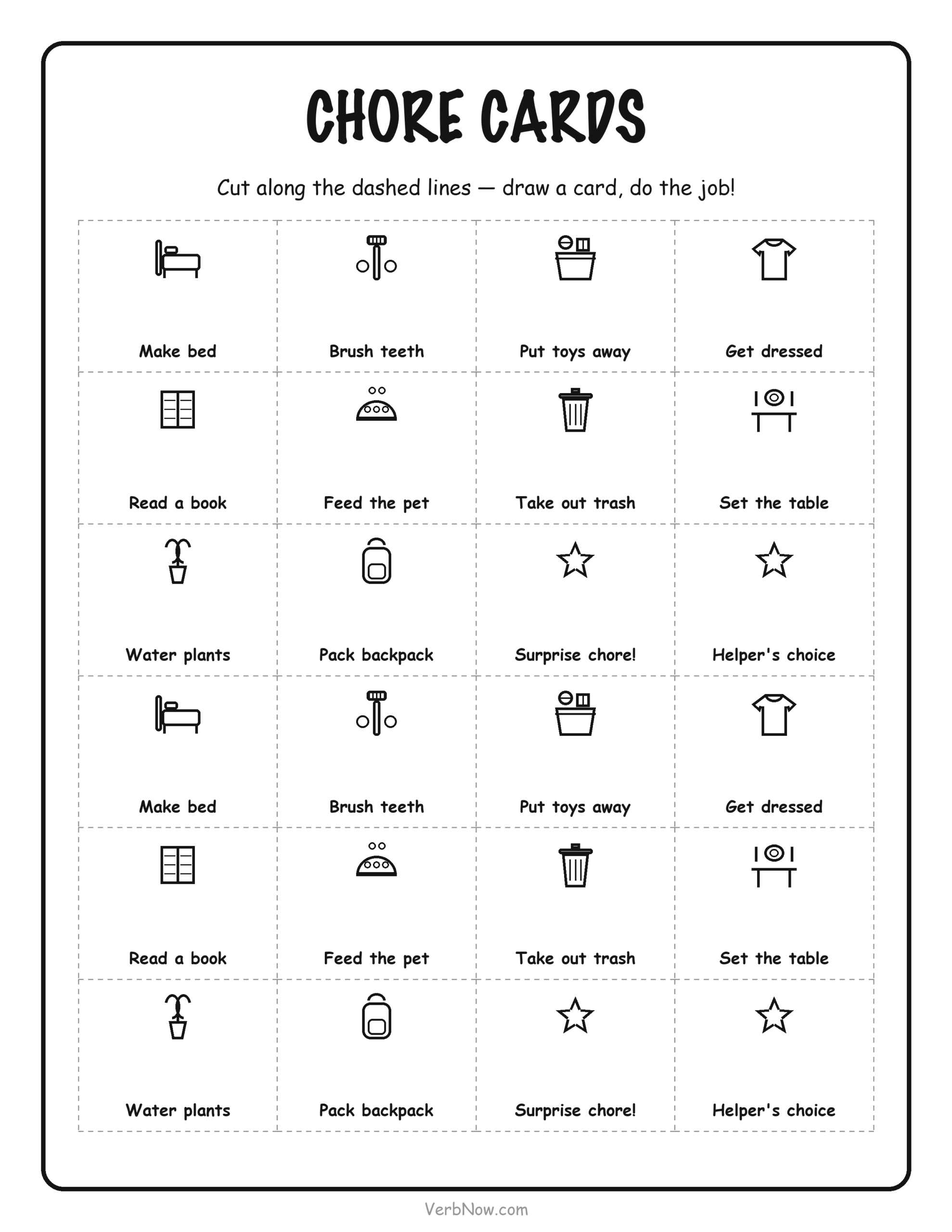 9 Free Printable Chore Charts for Kids (Ages 2-12 + Blank) Cut-out chore cards with icons