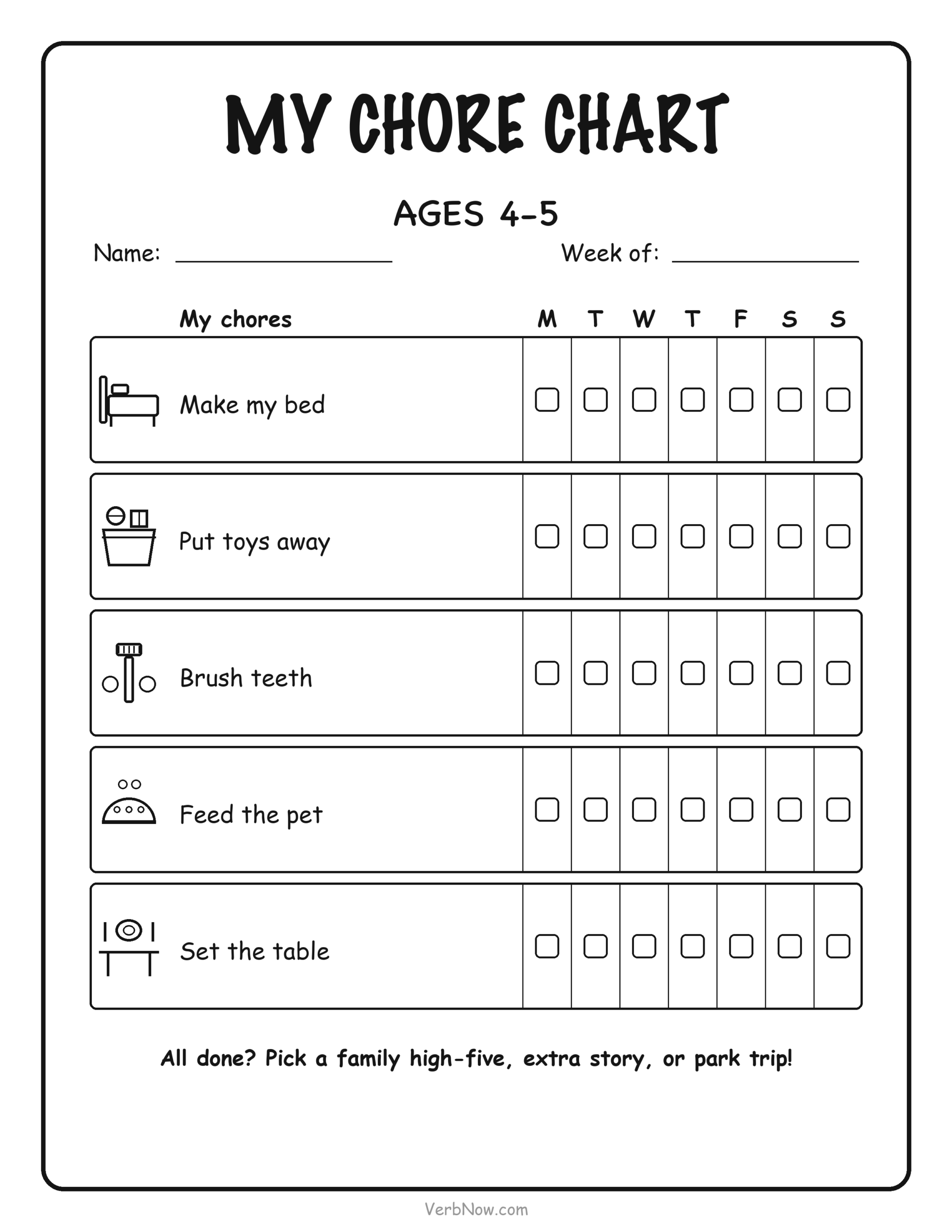 9 Free Printable Chore Charts for Kids (Ages 2-12 + Blank) Chore chart for ages 4-5 with picture tasks