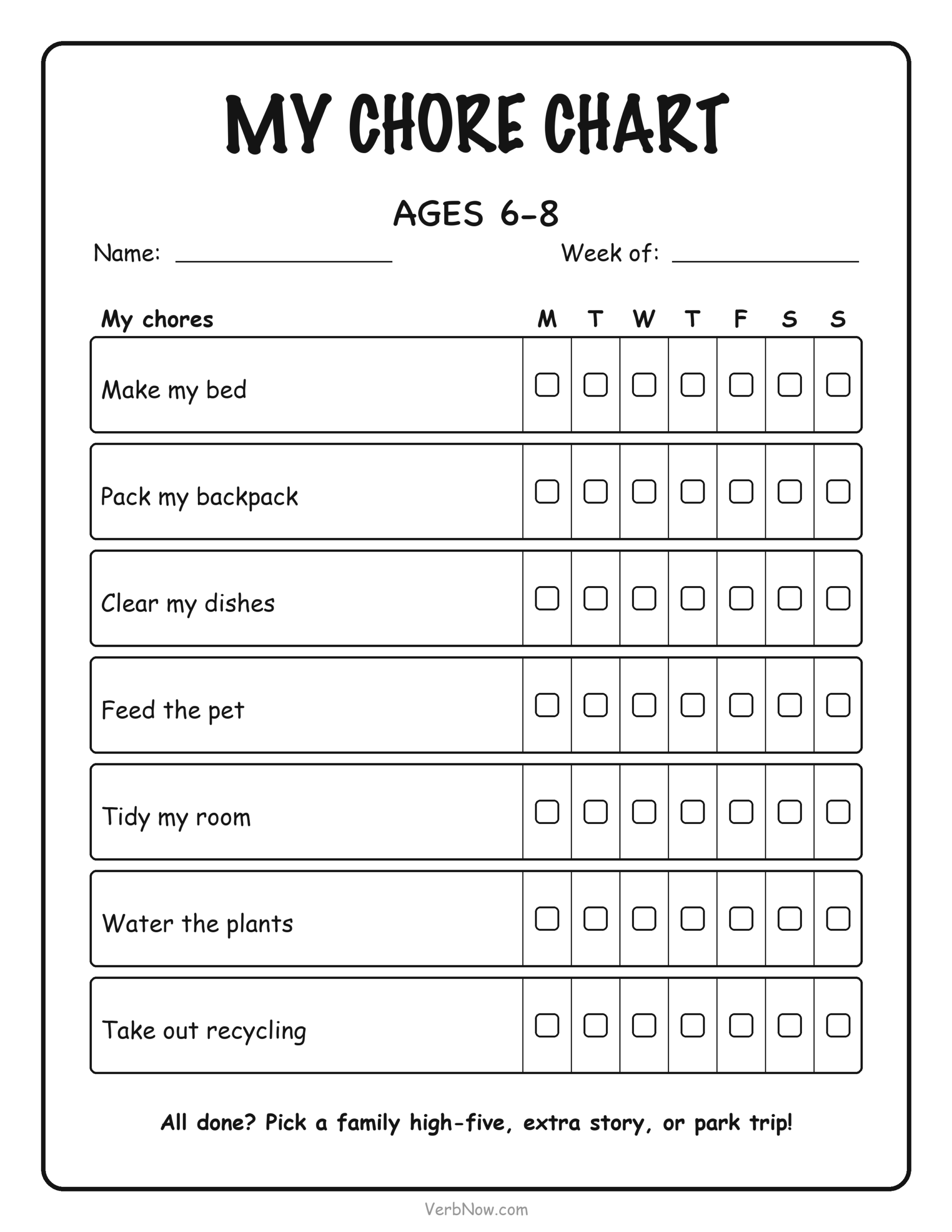 9 Free Printable Chore Charts for Kids (Ages 2-12 + Blank) Chore chart for ages 6-8 with weekly grid