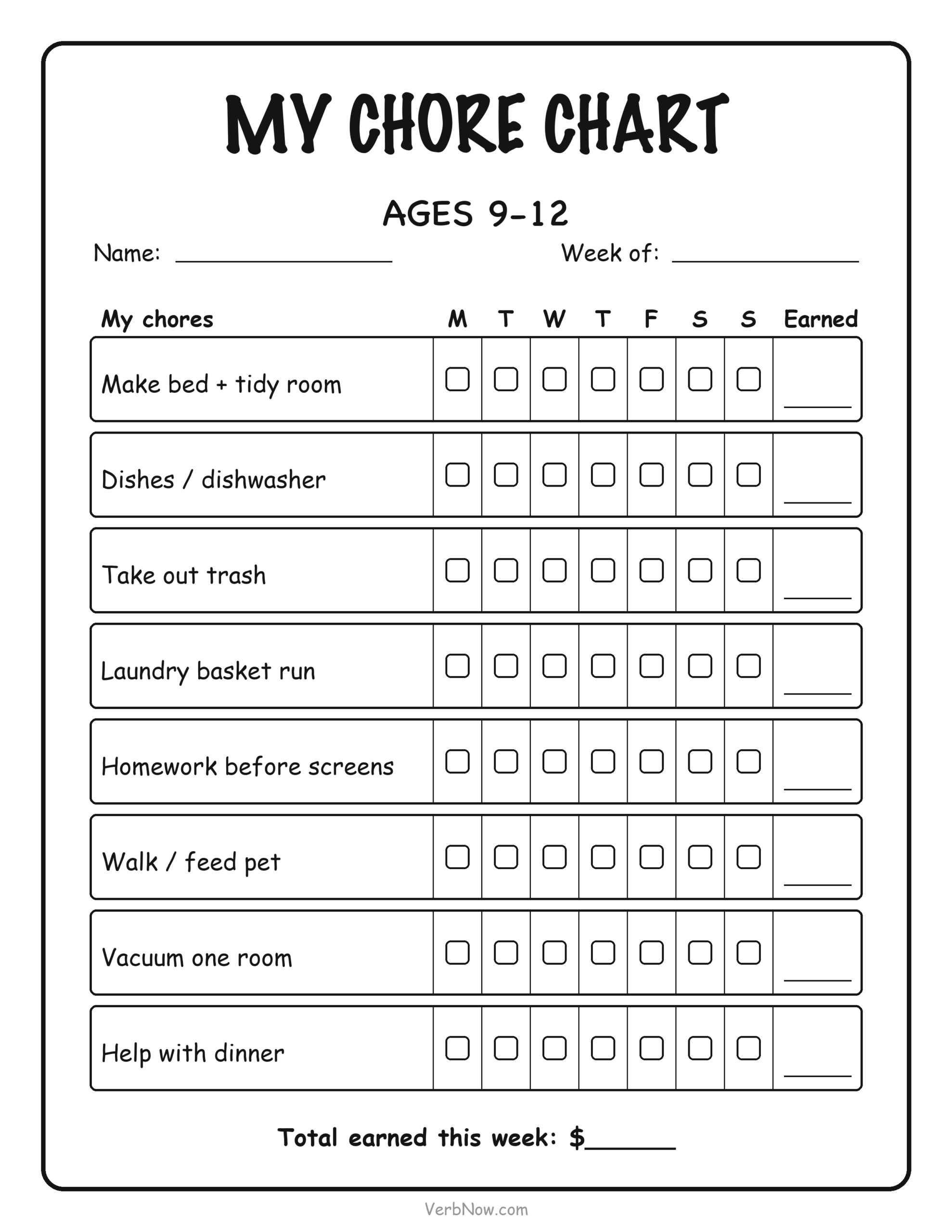 9 Free Printable Chore Charts for Kids (Ages 2-12 + Blank) Chore chart for ages 9-12 with earned column