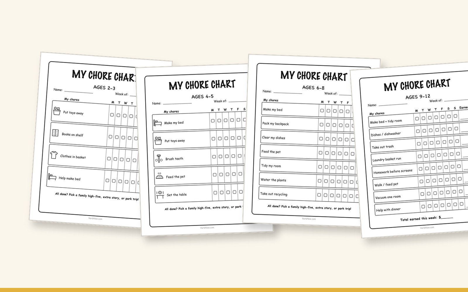 9 Free Printable Chore Charts for Kids (Ages 2-12 + Blank) Four age-based chore charts side by side: ages 2-3, 4-5, 6-8 and 9-12