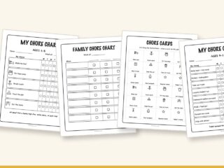 Preview of the free chore chart pack: ages 4-5 chart, family chart, chore cards and ages 9-12 chart with earned column