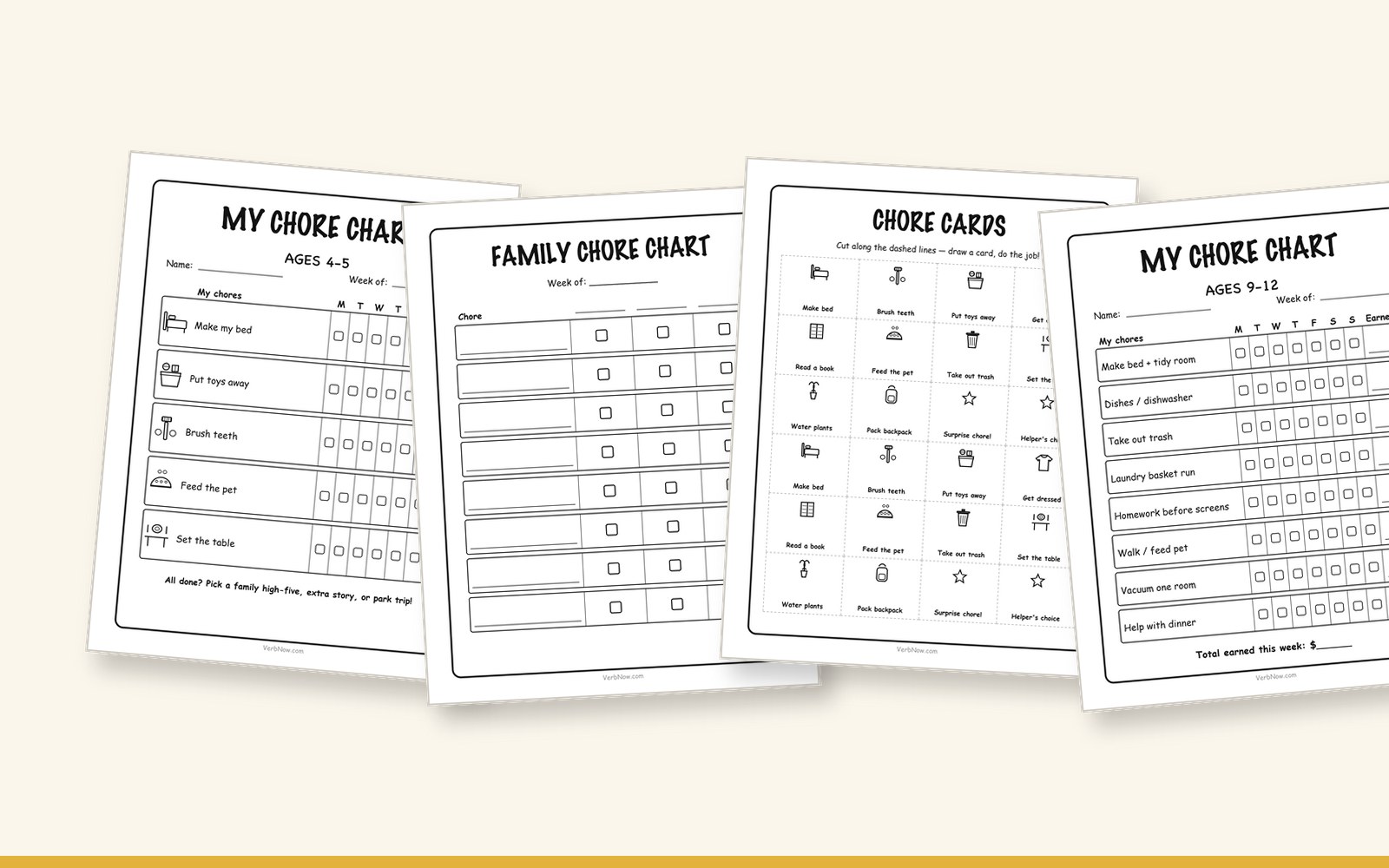 9 Free Printable Chore Charts for Kids (Ages 2-12 + Blank) Preview of the free chore chart pack: ages 4-5 chart, family chart, chore cards and ages 9-12 chart with earned column