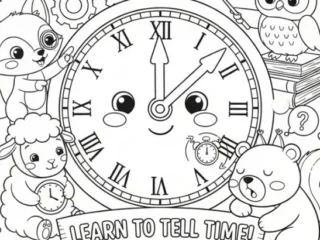 Clock coloring pages: learn-to-tell-time clock faces, antique grandfather and cuckoo clocks, and whimsical character clocks with Time to Color and Time to Smile text