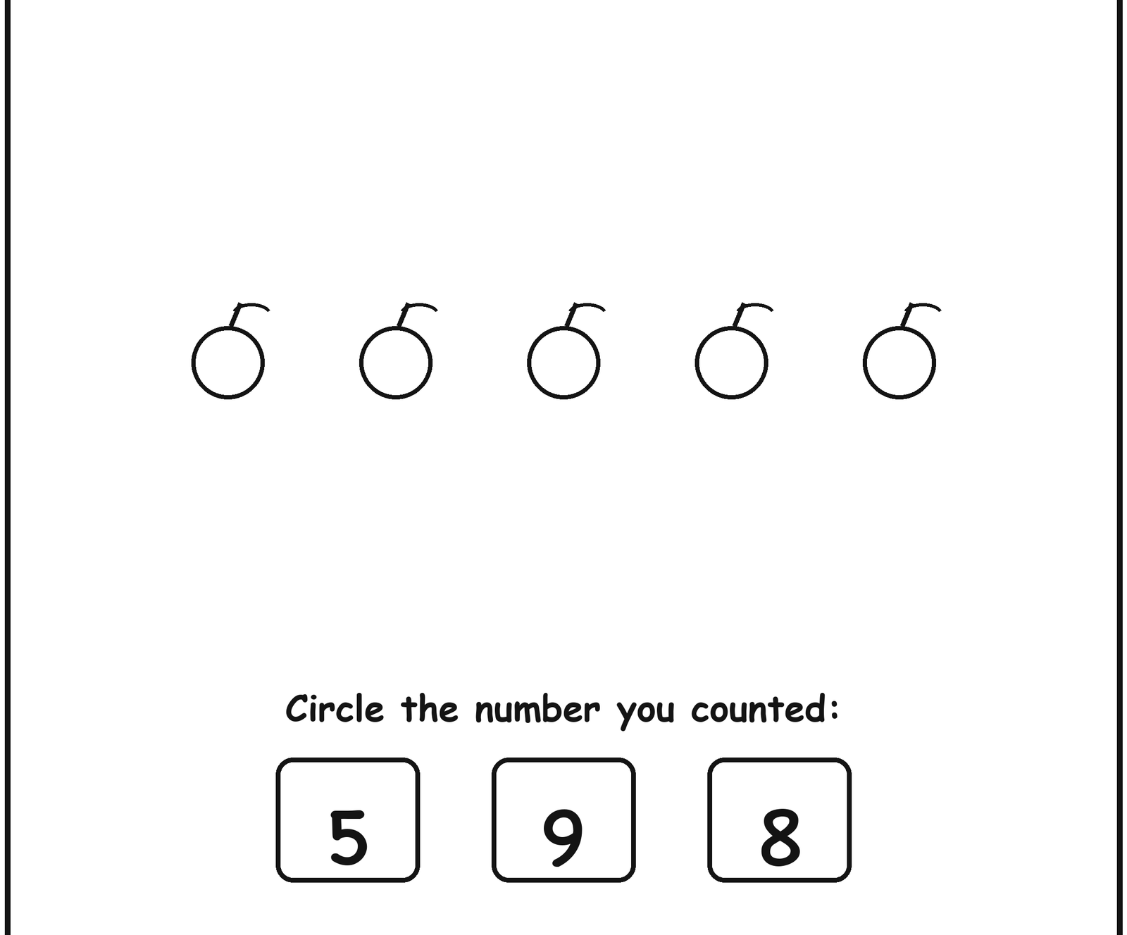 Close-up of a counting worksheet showing 5 apples above three numbered boxes to circle the correct count