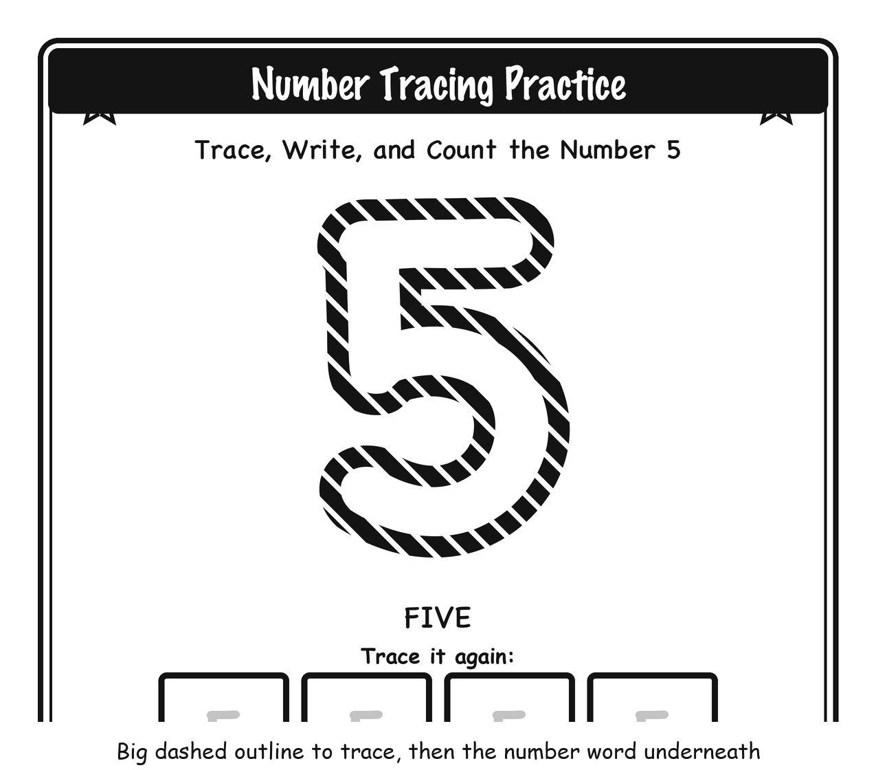 20 Free Number Tracing Worksheets (Numbers 1-20) Close-up crop of the number 5 tracing worksheet showing the large dashed outline numeral and the word FIVE underneath