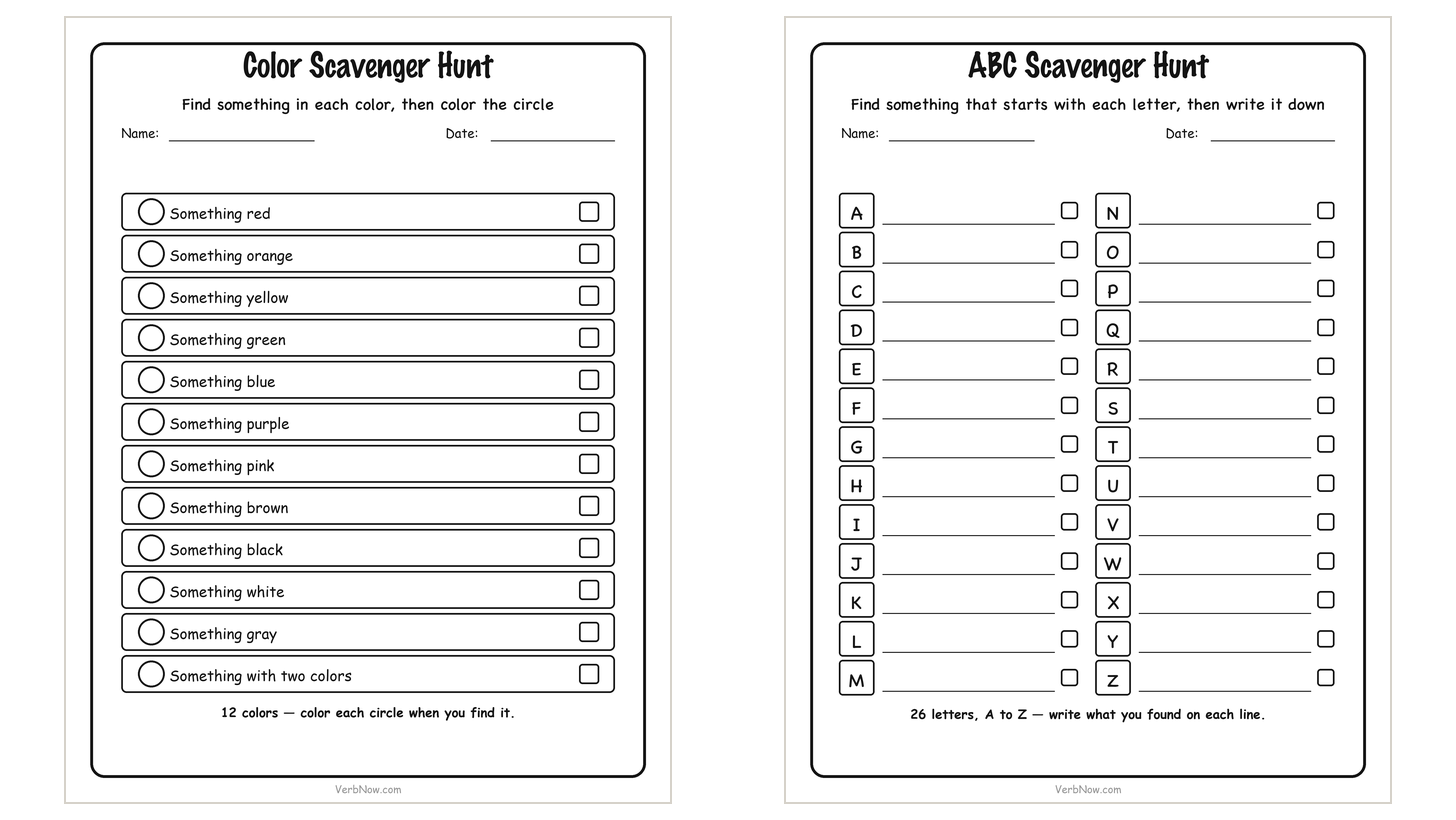 Free printable color scavenger hunt with 12 colors next to an A to Z alphabet scavenger hunt