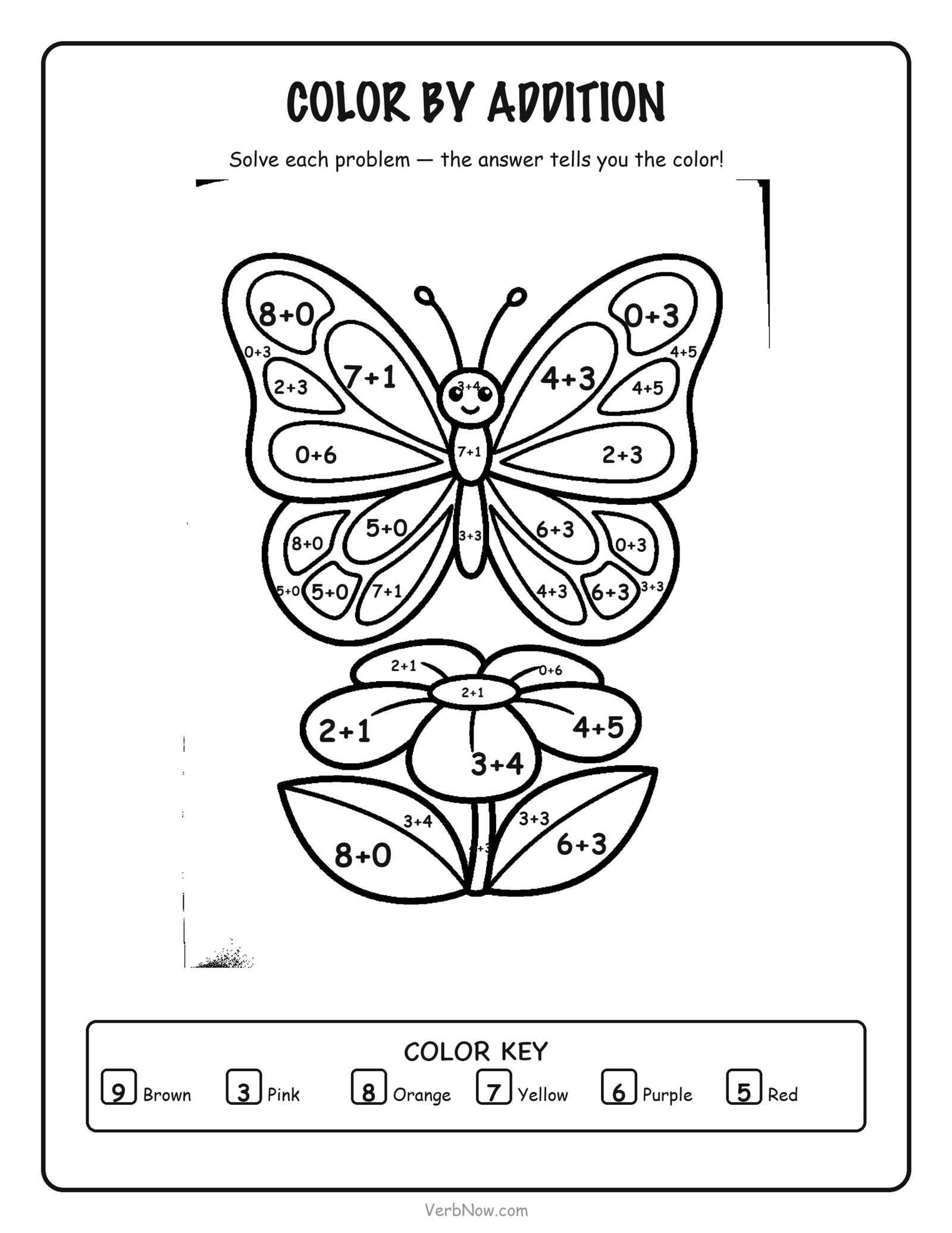 56 Free Math Coloring Pages (Addition, Subtraction & Multiplication) Color by addition coloring page of a butterfly with large wing sections, addition problems and a color key