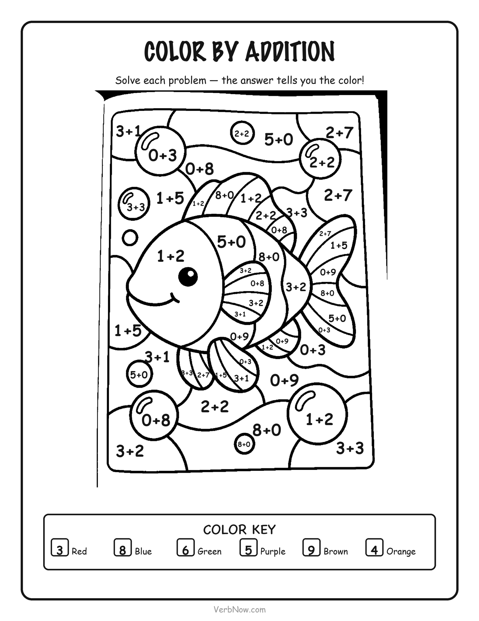 56 Free Math Coloring Pages (Addition, Subtraction & Multiplication) Color by addition coloring page of a fish with large sections, each labeled with an addition problem, and a color key