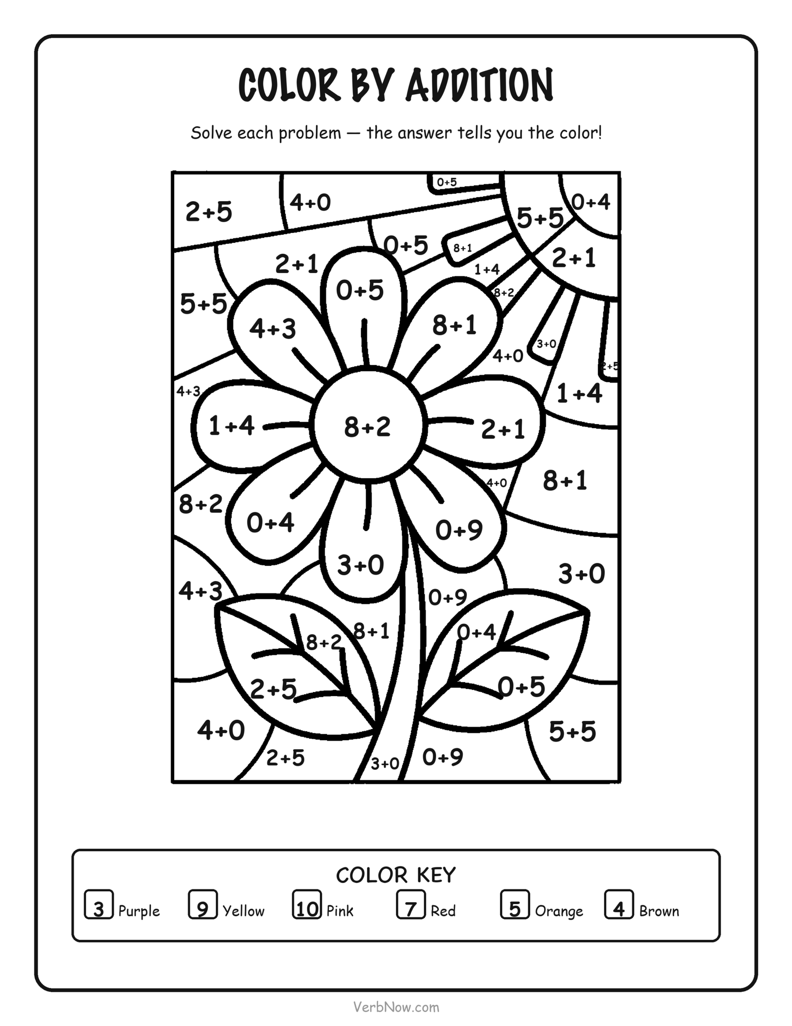 56 Free Math Coloring Pages (Addition, Subtraction & Multiplication) Color by addition coloring page of a daisy flower with big petals, addition problems and a color key