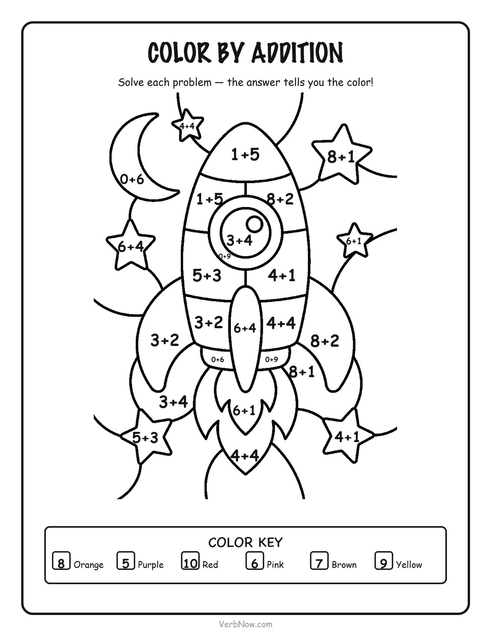 56 Free Math Coloring Pages (Addition, Subtraction & Multiplication) Color by addition coloring page of a rocket ship with big sections, addition problems in each section and a color key