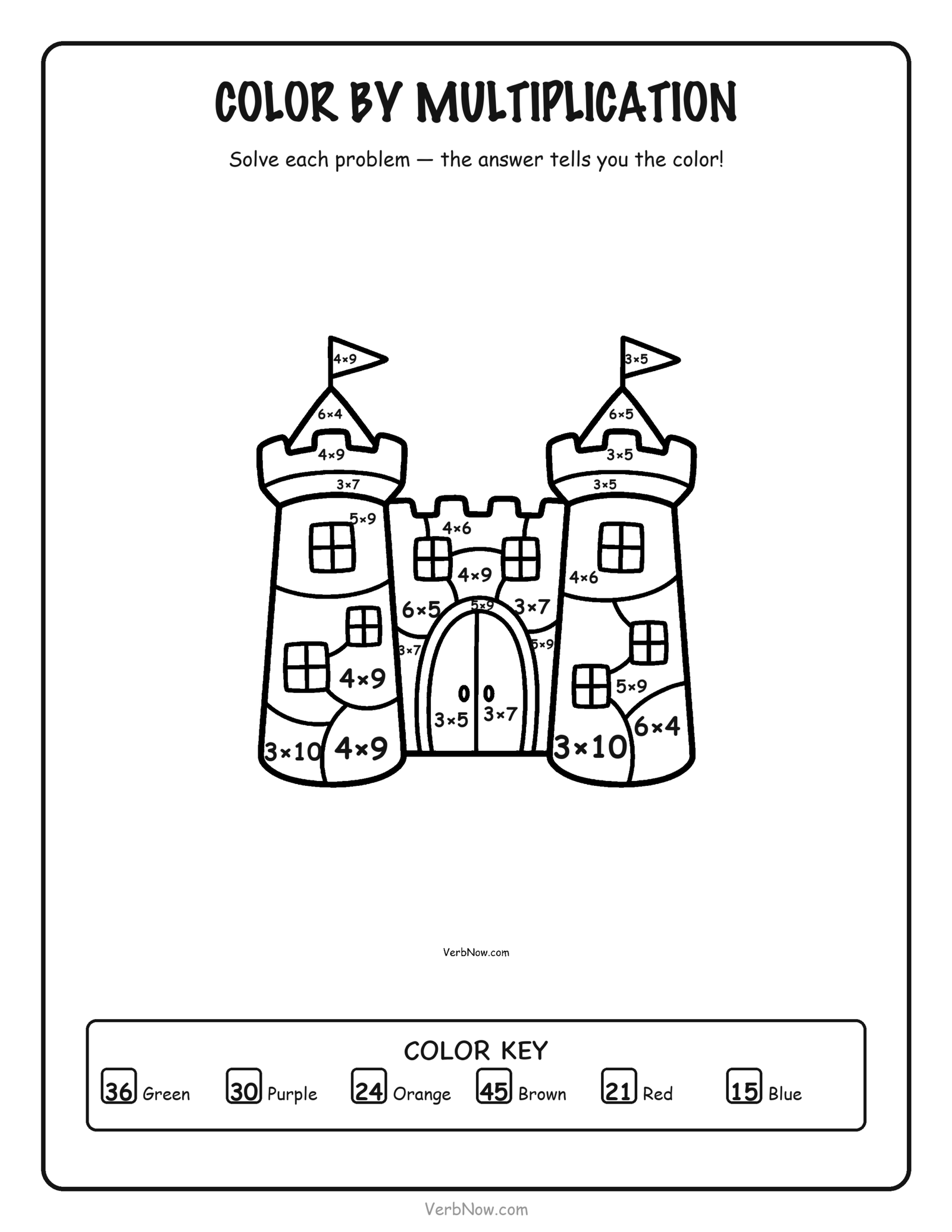 56 Free Math Coloring Pages (Addition, Subtraction & Multiplication) Color by multiplication castle worksheet, solve times-table facts to reveal the color, free printable