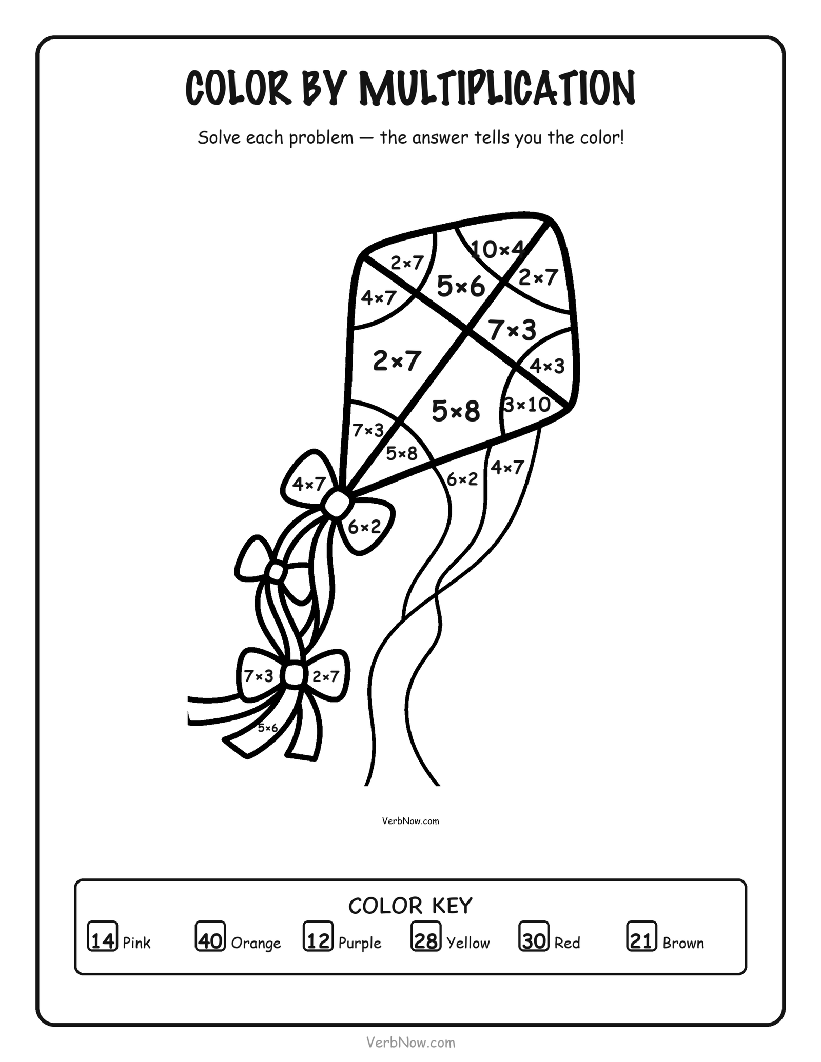 56 Free Math Coloring Pages (Addition, Subtraction & Multiplication) Color by multiplication kite worksheet, solve times-table facts to reveal the color, free printable