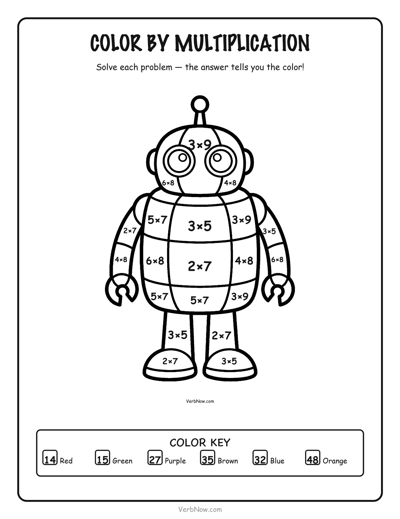 56 Free Math Coloring Pages (Addition, Subtraction & Multiplication) Color by multiplication robot worksheet, solve times-table facts to reveal the color, free printable