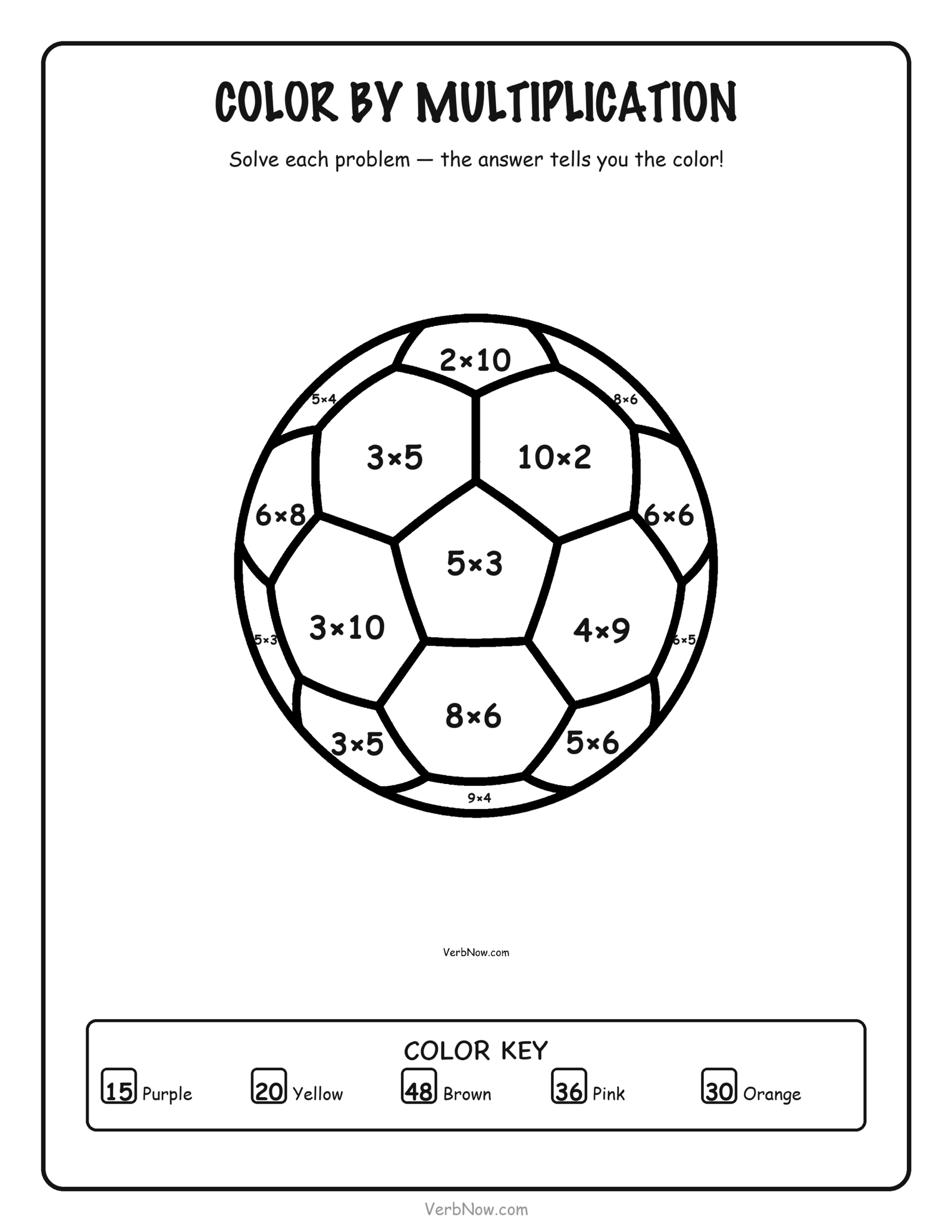 56 Free Math Coloring Pages (Addition, Subtraction & Multiplication) Color by multiplication soccer ball worksheet, solve times-table facts to reveal the color, free printable